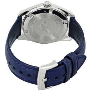 Detail view of blue leather strap with stainless steel buckle on Emporio Armani Tazio watch