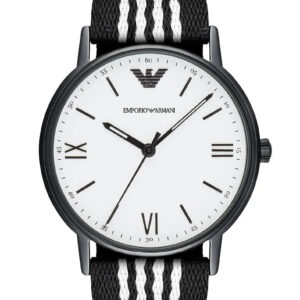 Emporio Armani Kappa men's watch with white dial, Roman numerals, black case, and black and white striped nylon strap