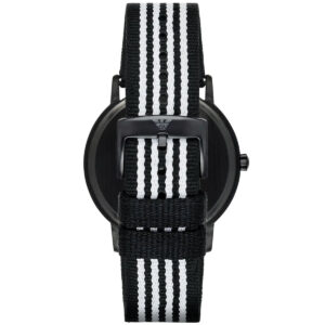 Emporio Armani Kappa watch worn on wrist displaying black and white striped nylon strap and dial