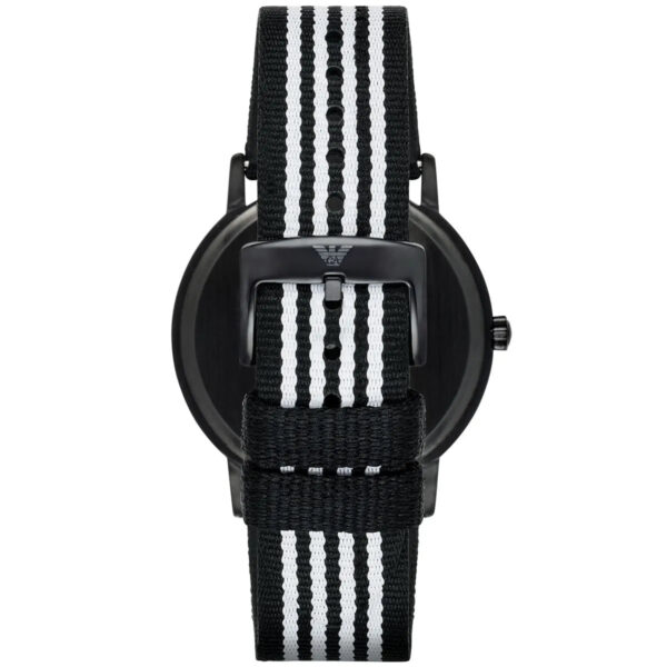 Emporio Armani Kappa watch worn on wrist displaying black and white striped nylon strap and dial