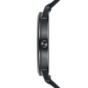 Side profile of Emporio Armani Kappa watch showing black stainless steel case and striped nylon strap