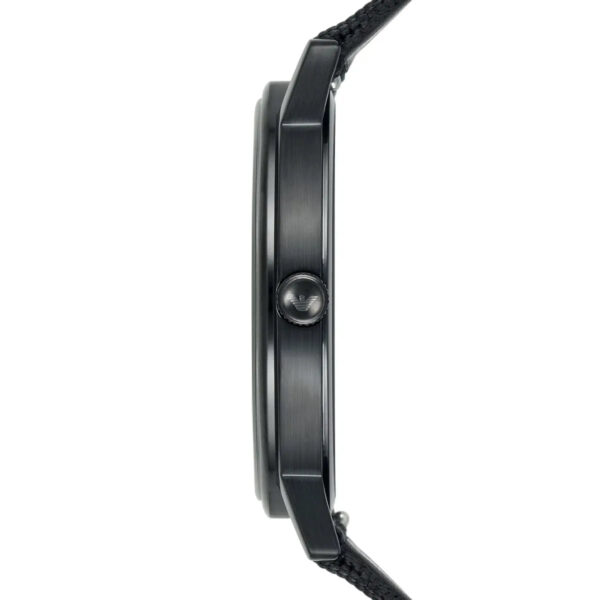 Side profile of Emporio Armani Kappa watch showing black stainless steel case and striped nylon strap