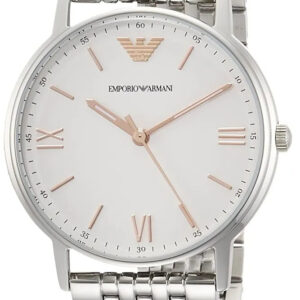 Emporio Armani Kappa watch angled view showing white dial and linked stainless steel bracelet