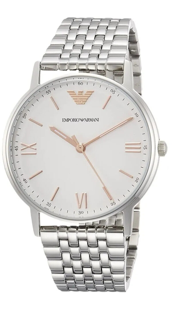 Emporio Armani Kappa watch angled view showing white dial and linked stainless steel bracelet