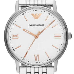 Emporio Armani Kappa white dial watch with silver stainless steel bracelet and rose gold accents