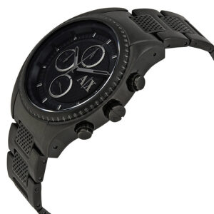 Side angle view of AX1605 chronograph watch showing case profile and textured black bracelet