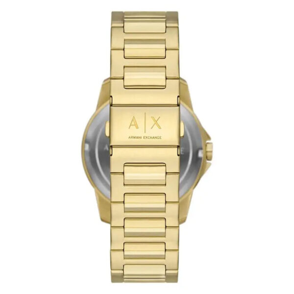 Side view of Armani Exchange AX1737 gold watch with caseback visible