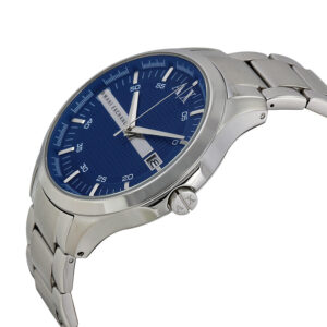 Armani Exchange AX2132 men's watch shown at angle with blue dial and stainless steel bracelet