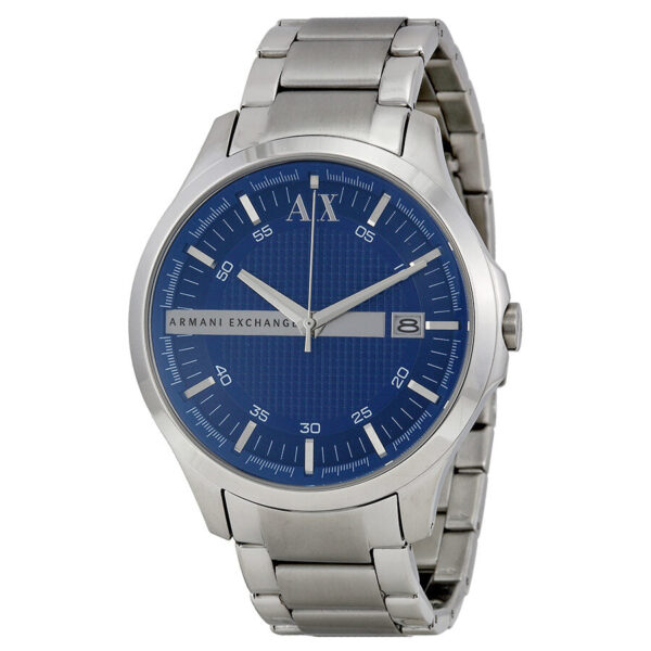 Armani Exchange blue textured dial silver stainless steel men's watch with date window