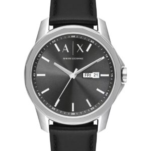 Armani Exchange Banks AX1735 men's watch with black dial, silver case and black leather strap