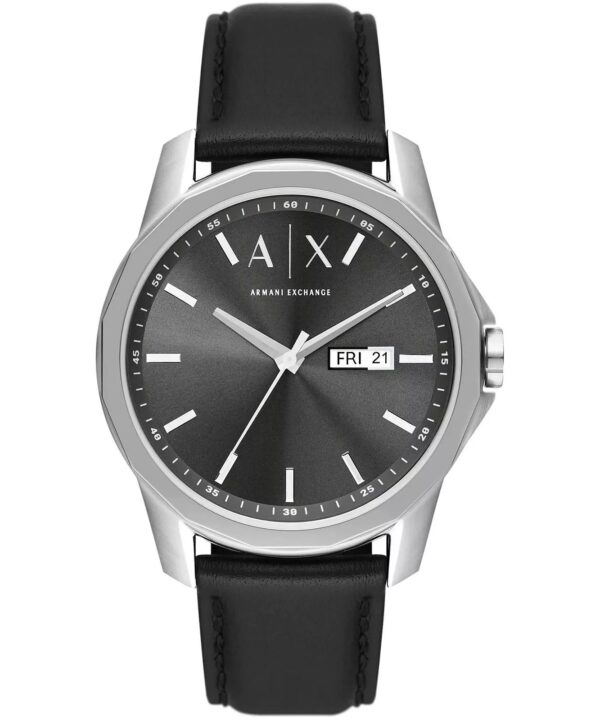 Armani Exchange Banks AX1735 men's watch with black dial, silver case and black leather strap