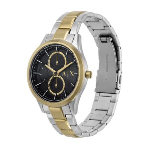 Side angle view of Armani Exchange Dante watch showing two-tone stainless steel bracelet