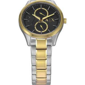 Front view of Armani Exchange Dante AX1865 watch with gold bezel and subdials on black dial