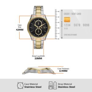 Armani Exchange Dante AX1865 specifications showing 42mm case size, 20mm strap width, and materials