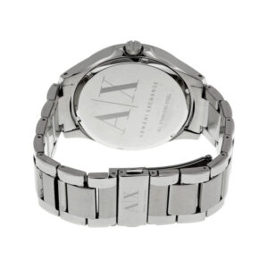 Caseback of Armani Exchange Hampton watch showing engraved Armani Exchange branding on silver stainless steel
