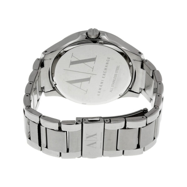 Caseback of Armani Exchange Hampton watch showing engraved Armani Exchange branding on silver stainless steel