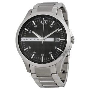 Armani Exchange Hampton black dial watch with silver stainless steel case and bracelet, date window visible