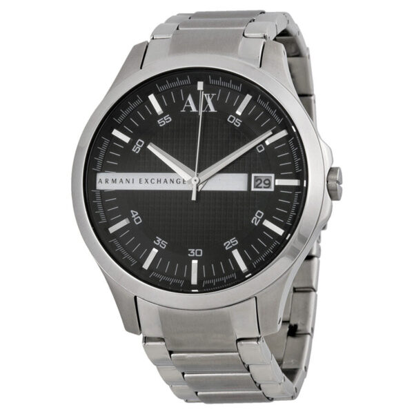 Armani Exchange Hampton black dial watch with silver stainless steel case and bracelet, date window visible