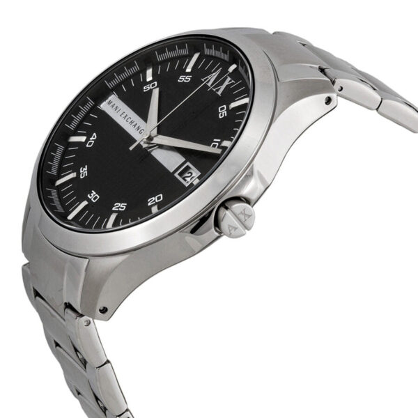 Armani Exchange Hampton watch side angle view showing black dial and silver stainless steel bracelet