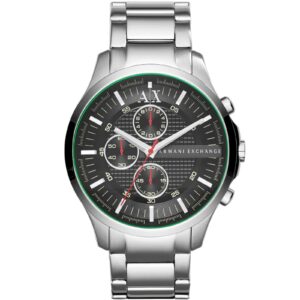 Armani Exchange Hampton chronograph watch with black dial and silver stainless steel bracelet