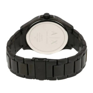 AX2407 watch caseback showing black ion-plated steel case with metal bracelet