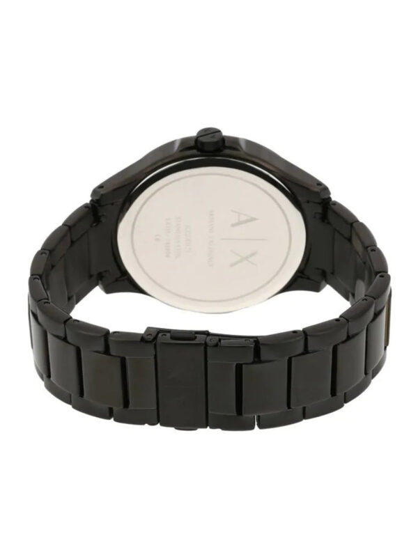 AX2407 watch caseback showing black ion-plated steel case with metal bracelet