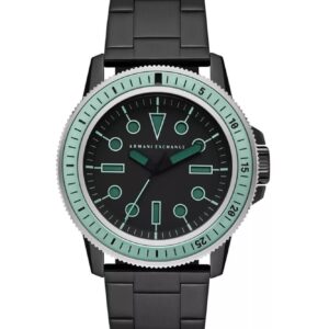 Armani Exchange Leonardo AX1858 black watch with teal bezel and teal luminous markers on dial