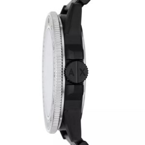 Armani Exchange Leonardo AX1858 side profile showing teal bezel and black stainless steel case