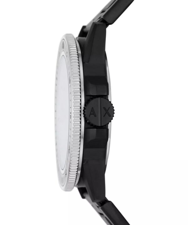 Armani Exchange Leonardo AX1858 side profile showing teal bezel and black stainless steel case