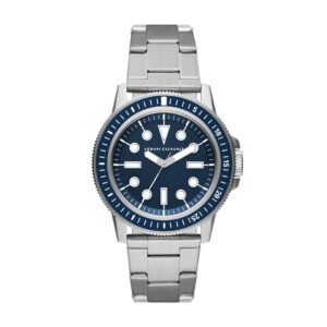 Armani Exchange Leonardo AX1861 watch front view with steel bracelet and navy dial