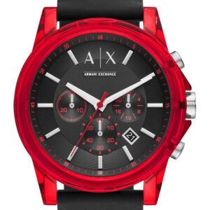 Armani Exchange Outerbanks red watch face with black dial and chronograph subdials, black silicon strap
