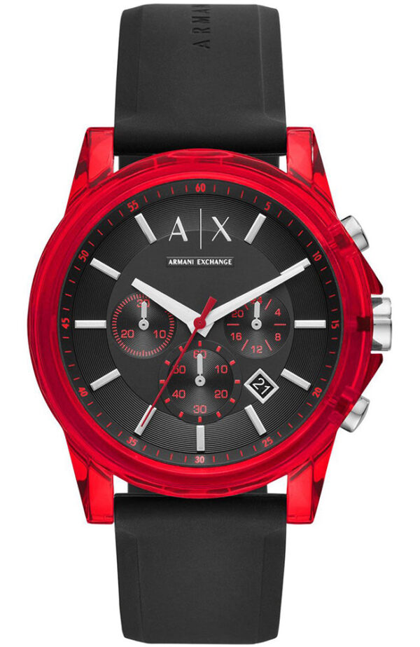Armani Exchange Outerbanks red watch face with black dial and chronograph subdials, black silicon strap