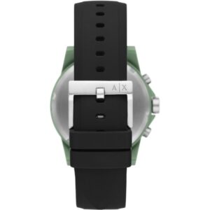 Caseback view showing black strap attachment to green case