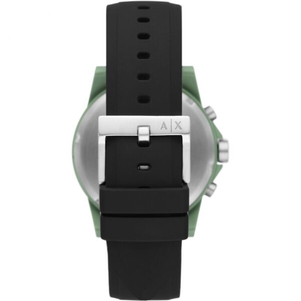 Caseback view showing black strap attachment to green case