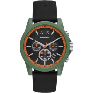 Armani Exchange Outerbanks green chronograph watch with black dial and orange accents