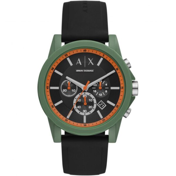 Armani Exchange Outerbanks green chronograph watch with black dial and orange accents