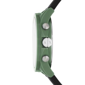 Side view of green case with black strap and silver chronograph pushers
