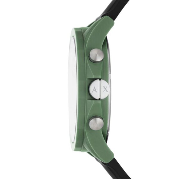 Side view of green case with black strap and silver chronograph pushers