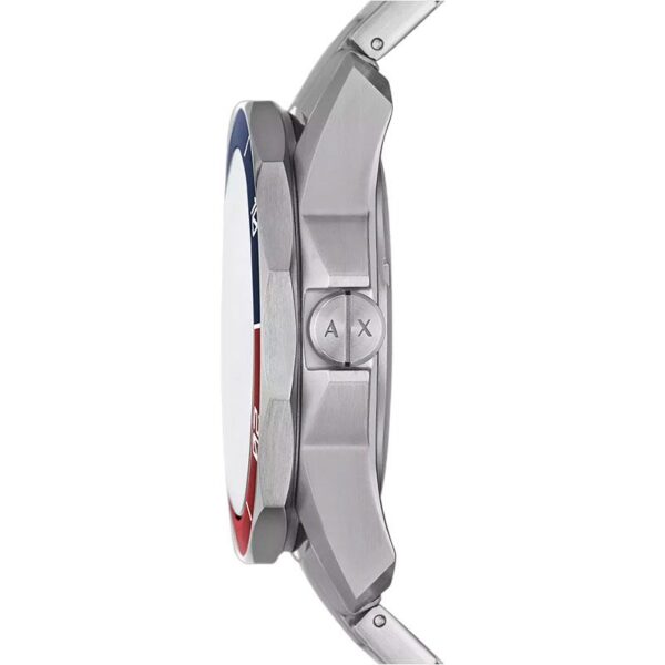 Side view of Armani Exchange Spencer watch showing silver-tone case profile and red bezel accent