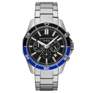 Armani Exchange Spencer AX7166 chronograph watch with black dial, blue bezel, and silver case