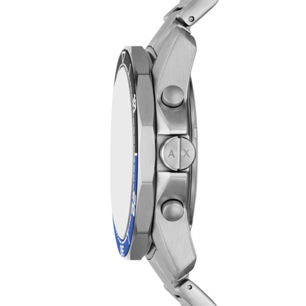Armani Exchange Spencer AX7166 watch shown from side profile with blue bezel and silver bracelet