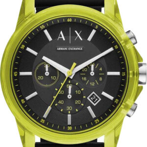 Armani Exchange AX1337 chronograph watch with lime green case and black dial on black strap