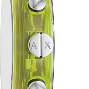 Side view of AX1337 watch showing lime green case profile with black strap and pushers