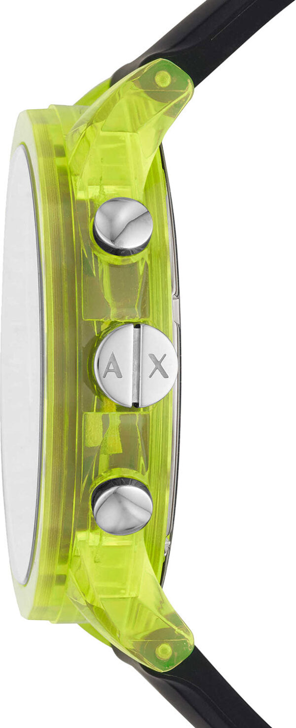 Side view of AX1337 watch showing lime green case profile with black strap and pushers