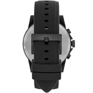Caseback view of AX1343 watch with silver case back and AX logo, black rubber strap