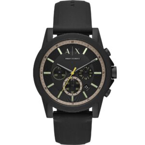 Armani Exchange AX1343 chronograph watch with black dial, rose gold bezel accents, and black rubber strap