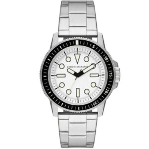 Armani Exchange Leonardo men's watch with white dial, black bezel, and silver steel bracelet