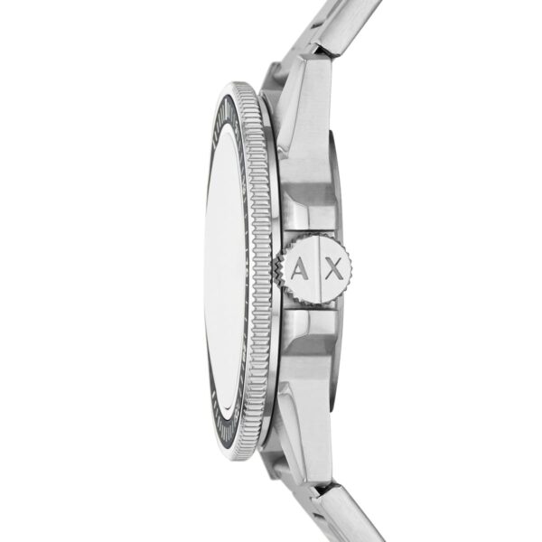 Side profile view of Armani Exchange Leonardo watch showing case depth and black bezel