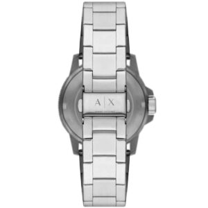 Armani Exchange Leonardo watch caseback view displaying AX logo on silver stainless steel band