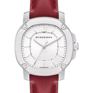 Burberry Brit The Britain watch with white dial, silver-tone case, and red leather strap